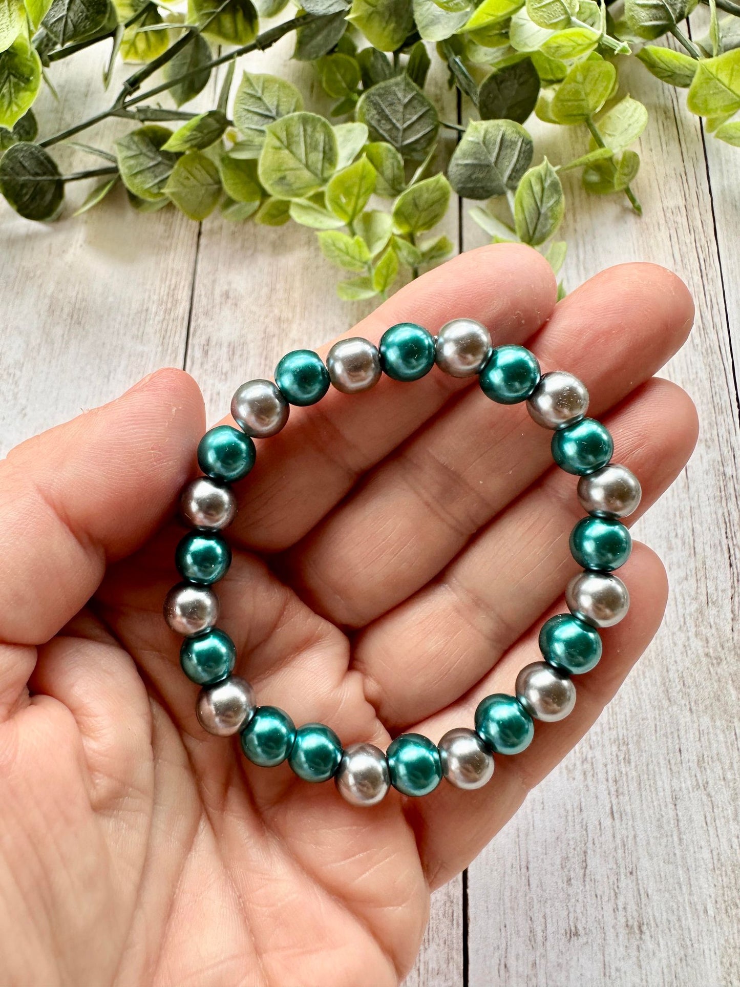 Teal/Silver Pearl Beaded Stretch Bracelet