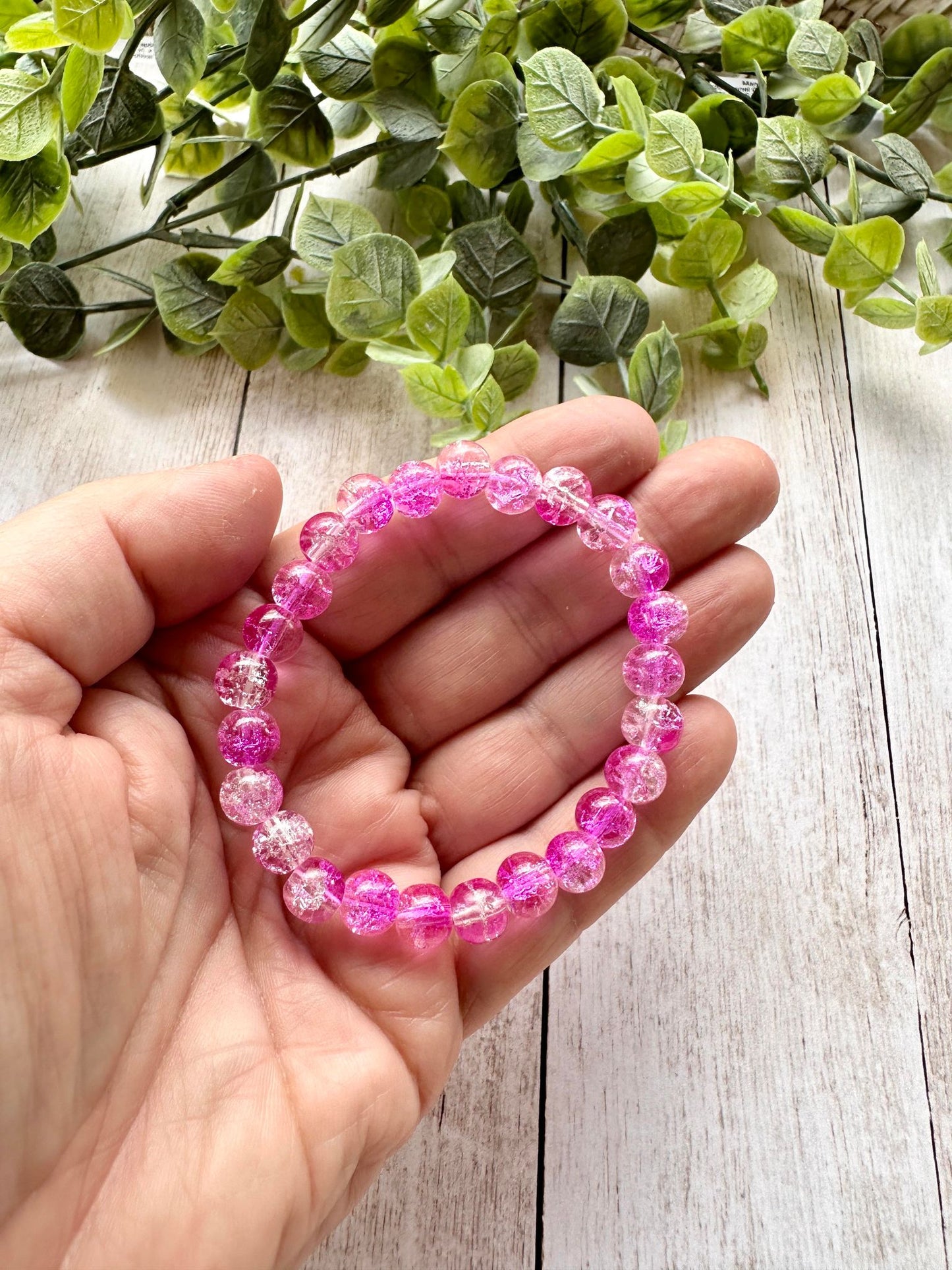 Dark Pink/Clear Glass Beaded Stretch Bracelet