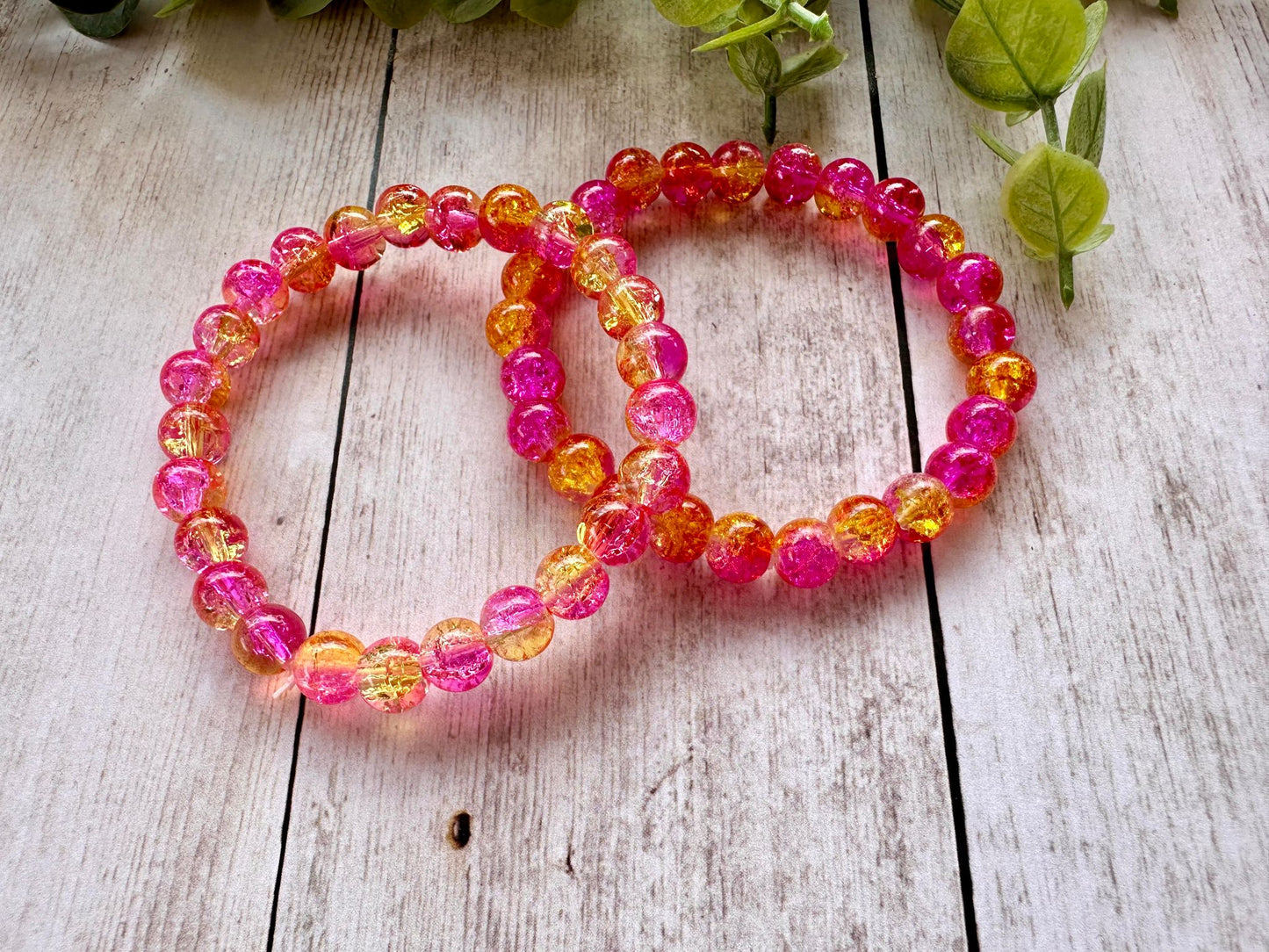 Dark Pink/Yellow Glass Beaded Stretch Bracelet