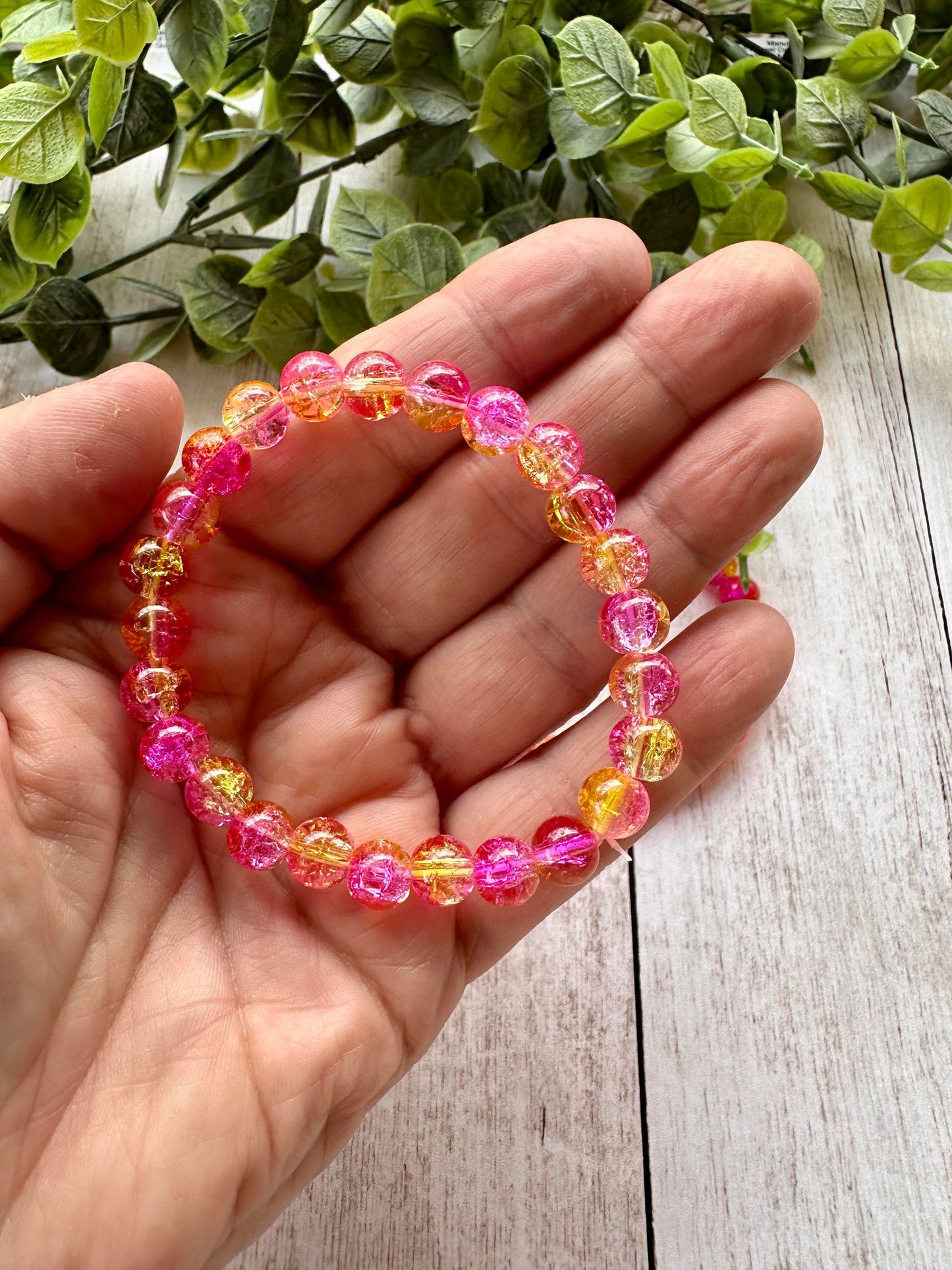 Dark Pink/Yellow Glass Beaded Stretch Bracelet