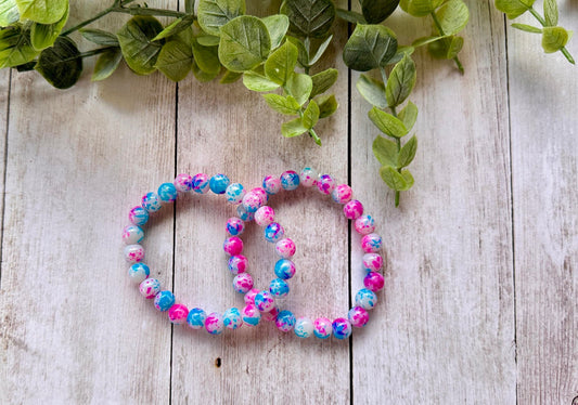 Pink, Blue & White Glass Beaded Stretch Bracelet