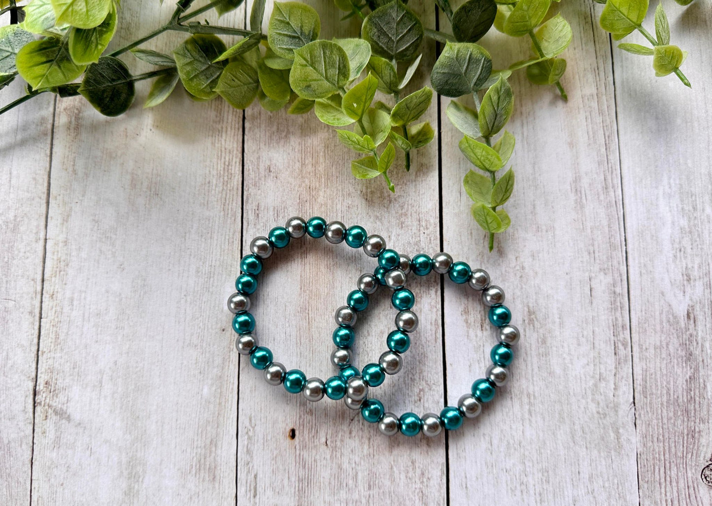 Teal/Silver Pearl Beaded Stretch Bracelet