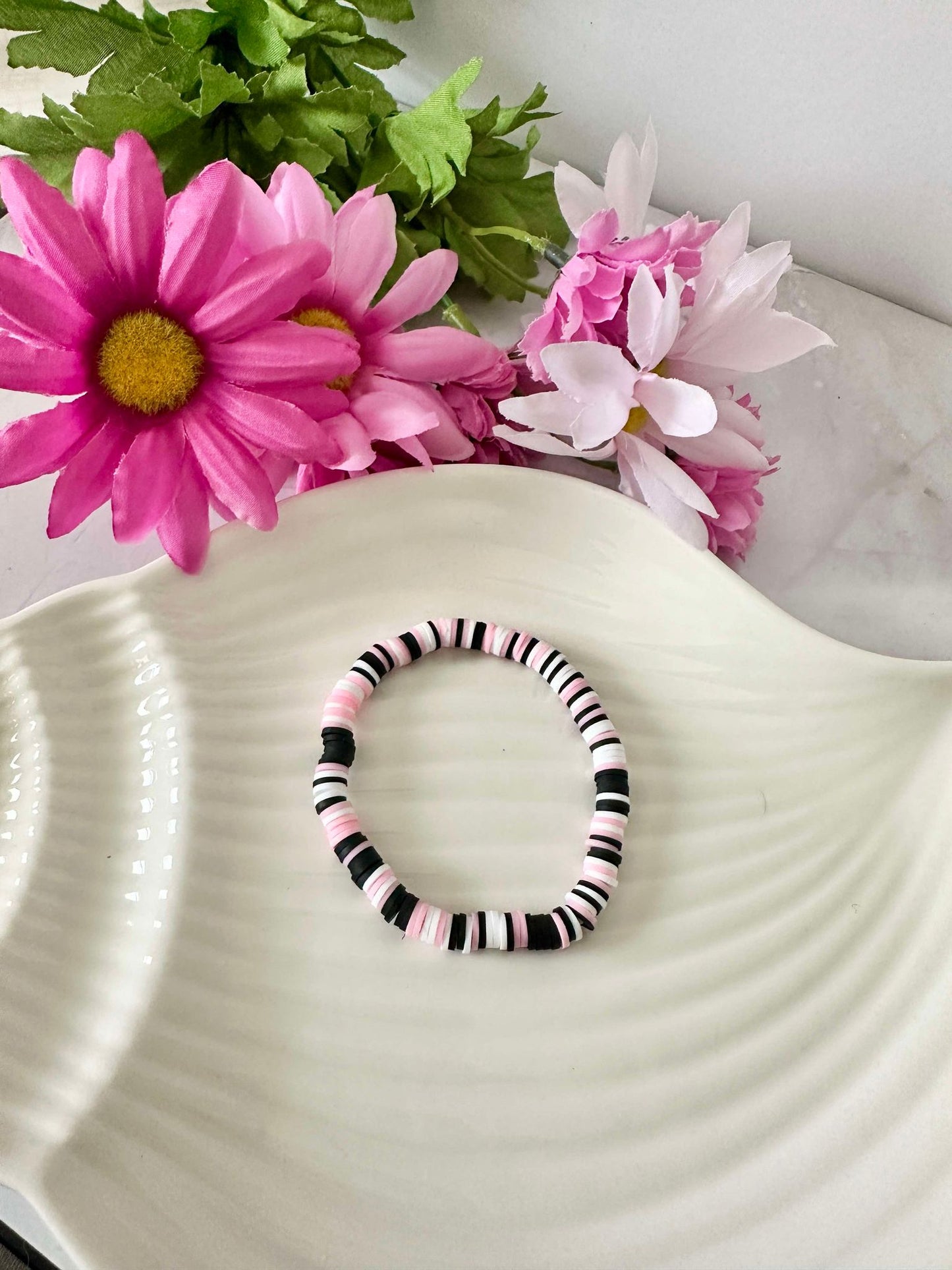 Pink/Black/White Heishi Stretch Bracelet