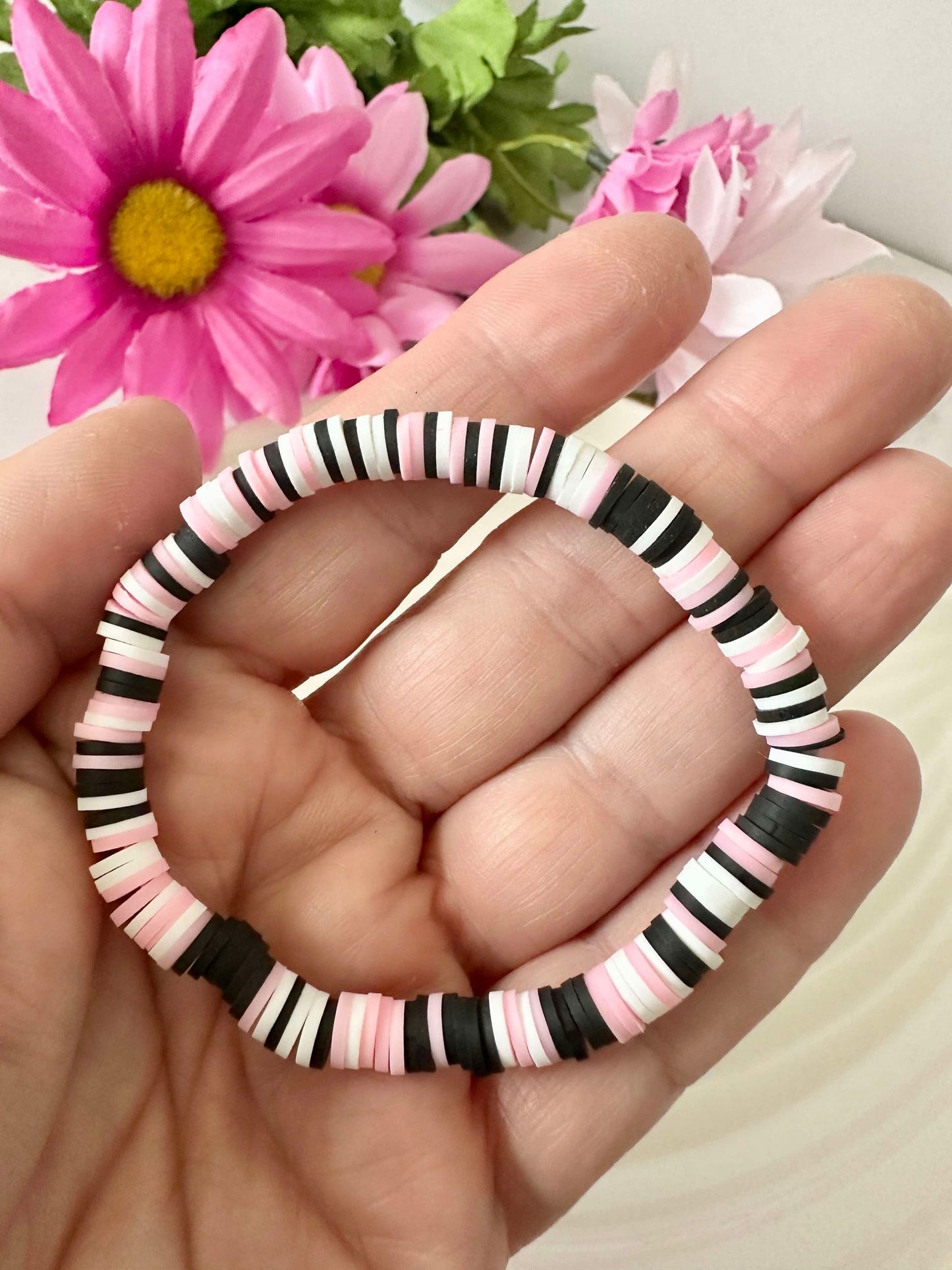 Pink/Black/White Heishi Stretch Bracelet