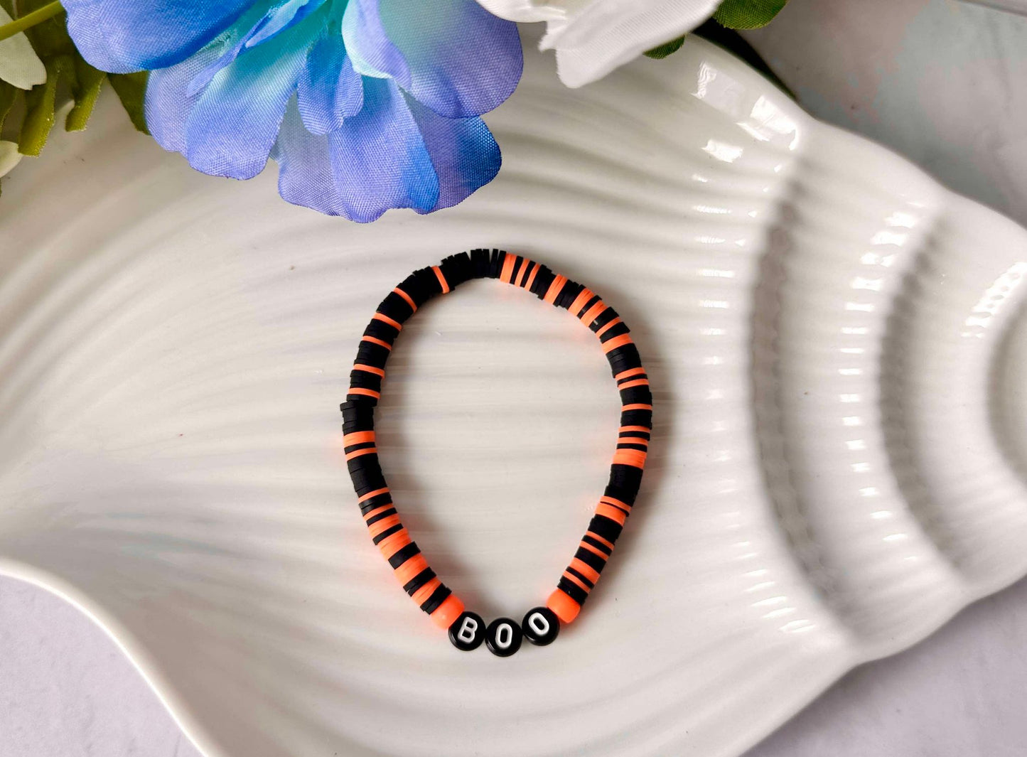 BOO Orange/Black Heishi Halloween Stretch Bracelet