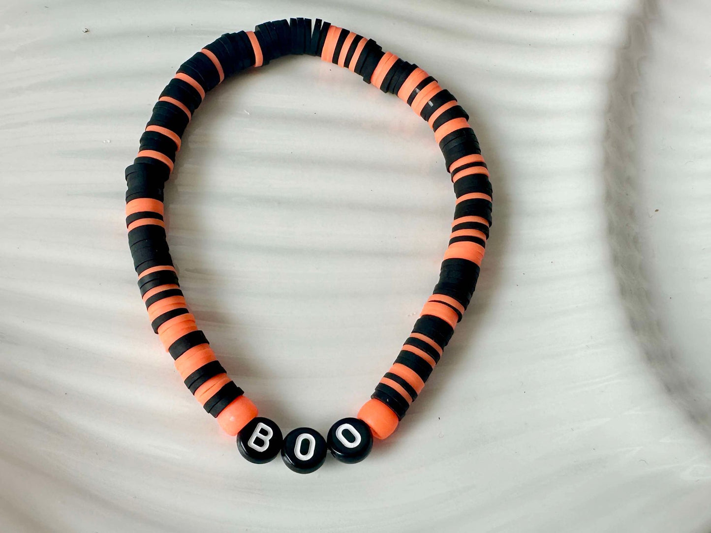 BOO Orange/Black Heishi Halloween Stretch Bracelet