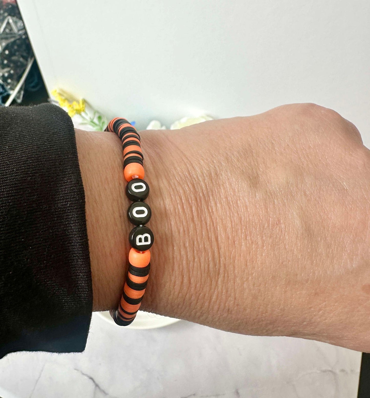 BOO Orange/Black Heishi Halloween Stretch Bracelet