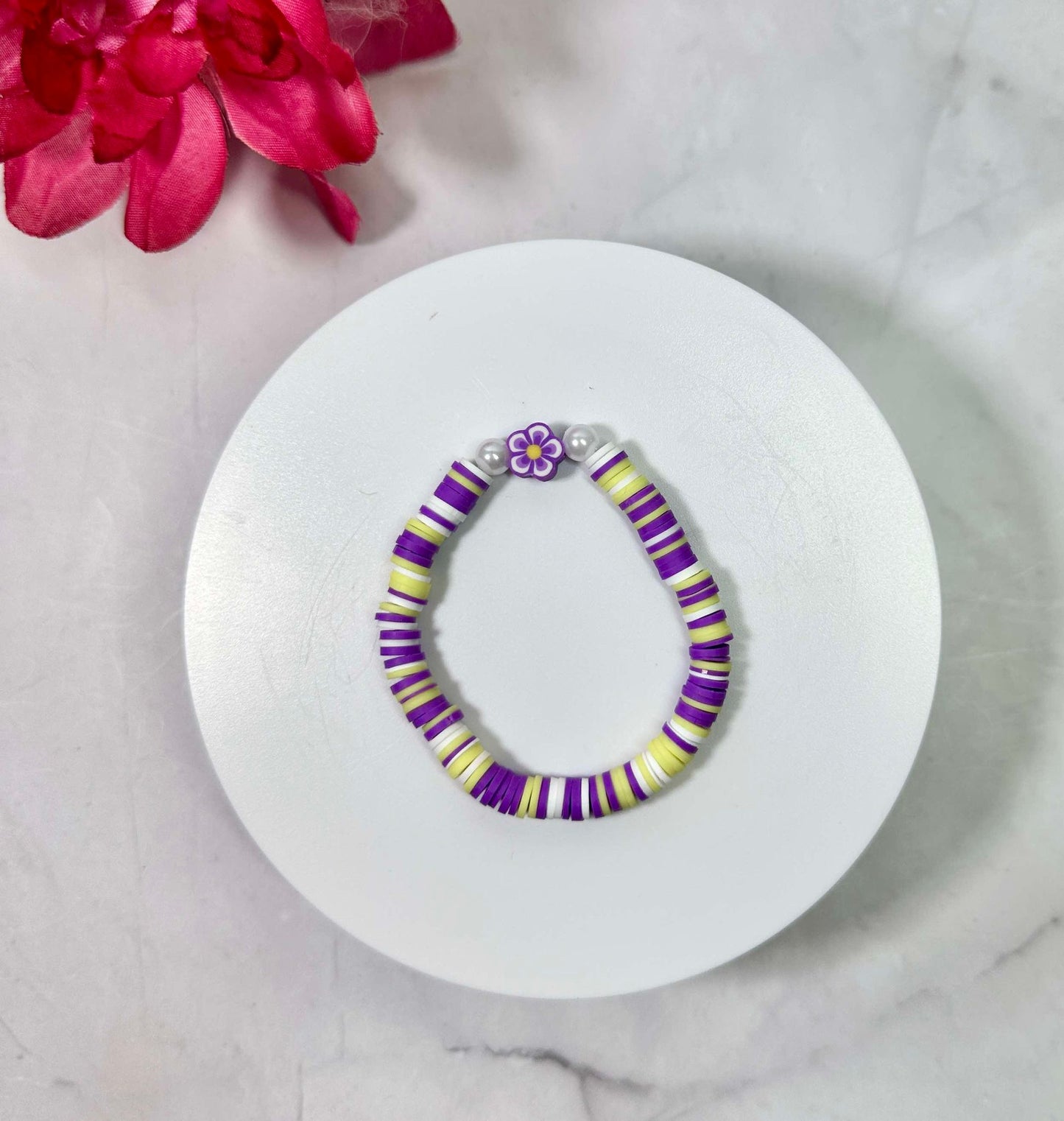 Purple & Yellow Flower Heishi Bracelet