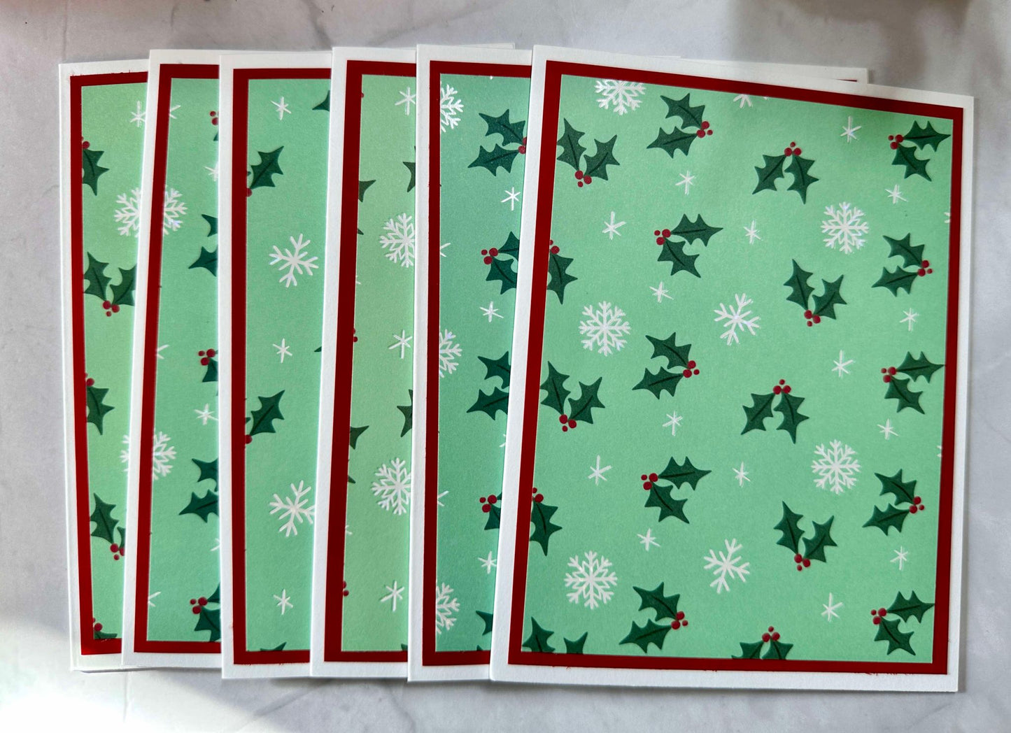 Green Holly and White Snowflake Blank Notecards