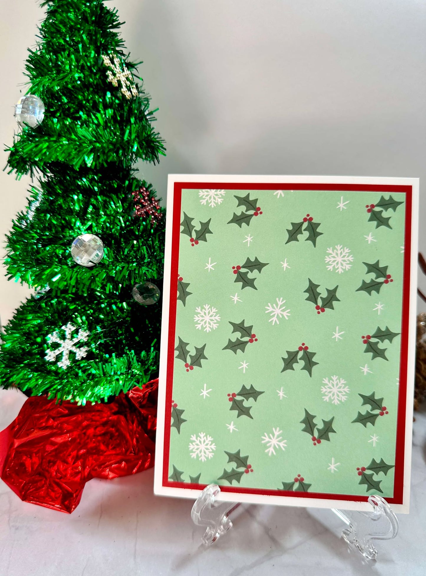 Green Holly and White Snowflake Blank Notecards