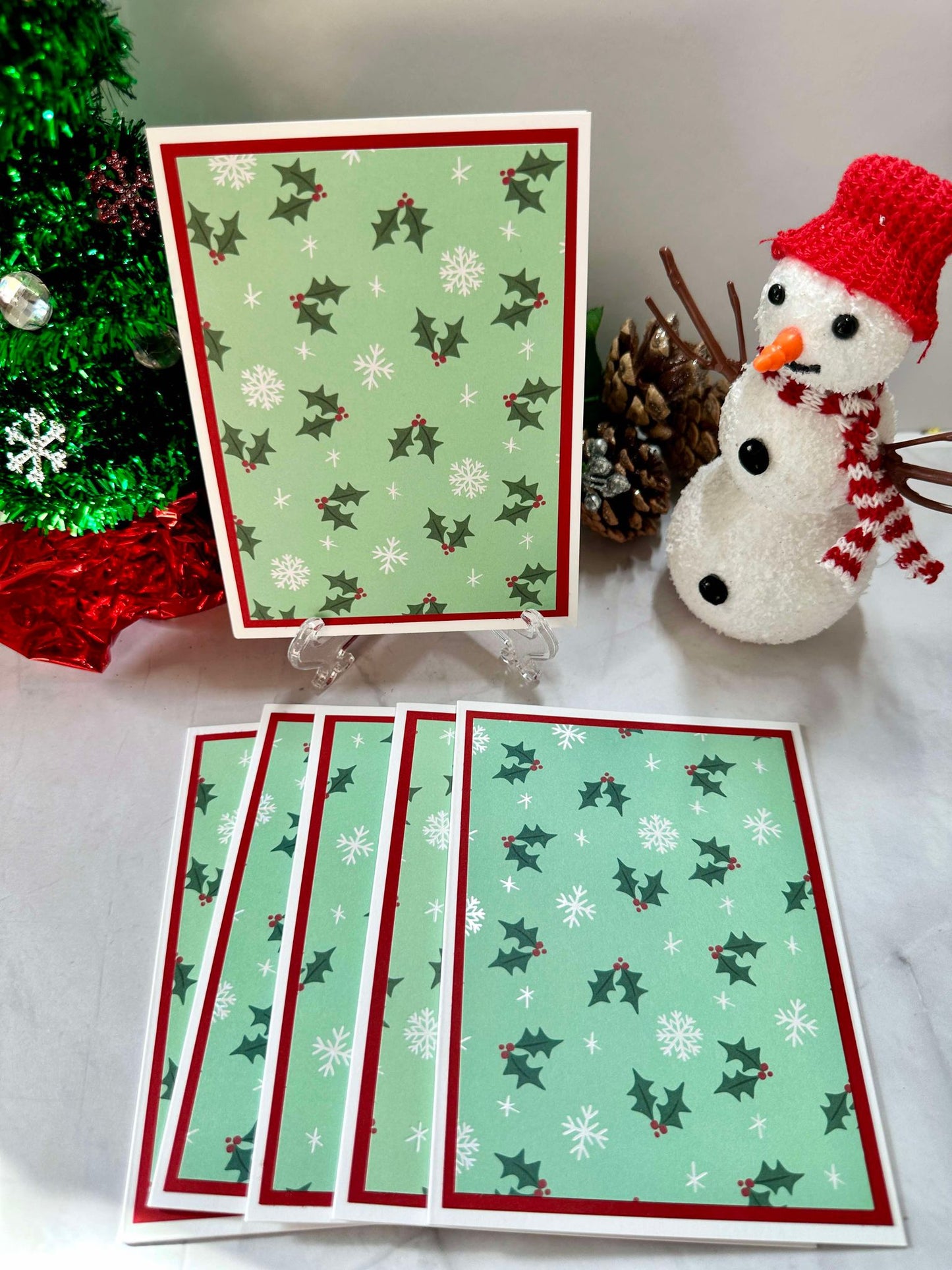 Green Holly and White Snowflake Blank Notecards