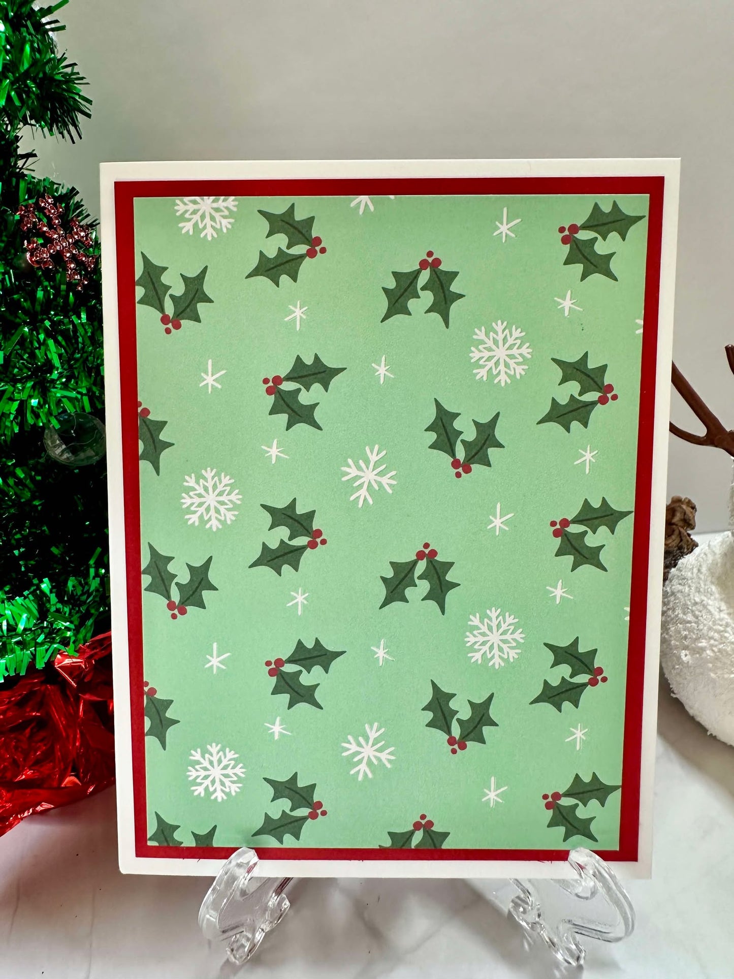 Green Holly and White Snowflake Blank Notecards