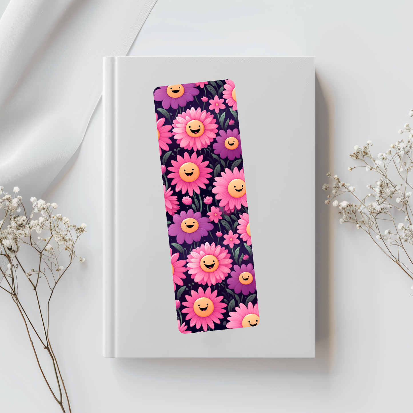 Purple & Pink Smiley Face Flowers Bookmark