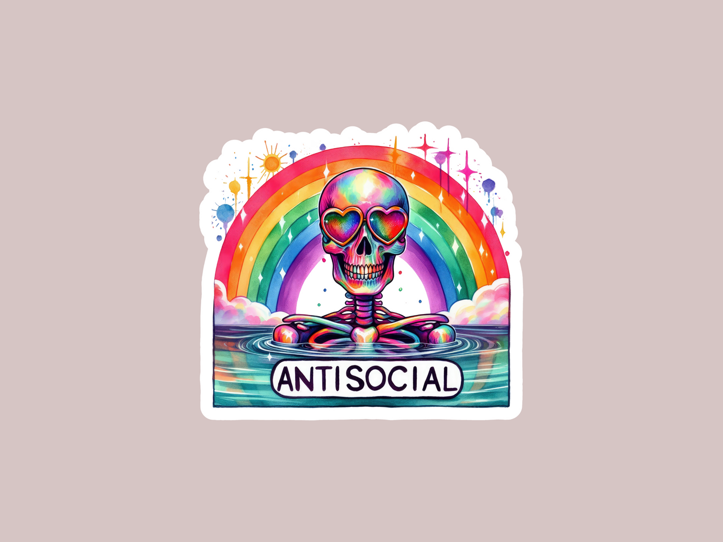 Skeleton Anti Social Rainbow Sticker