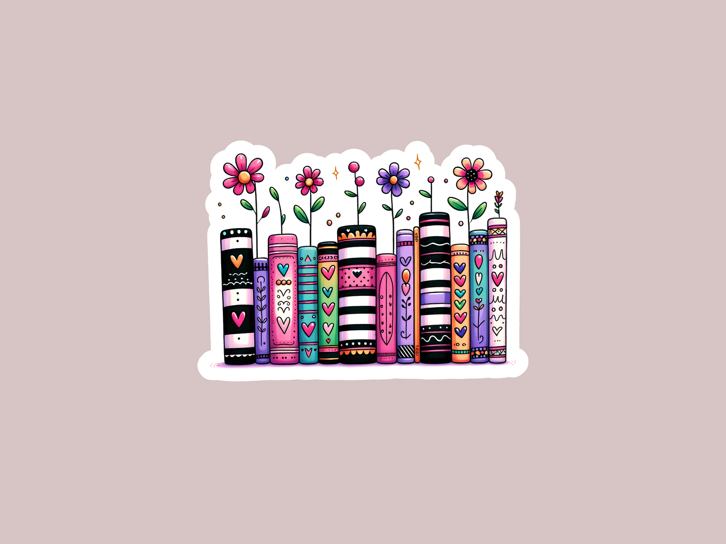 Stacked Books W/Flowers Sticker