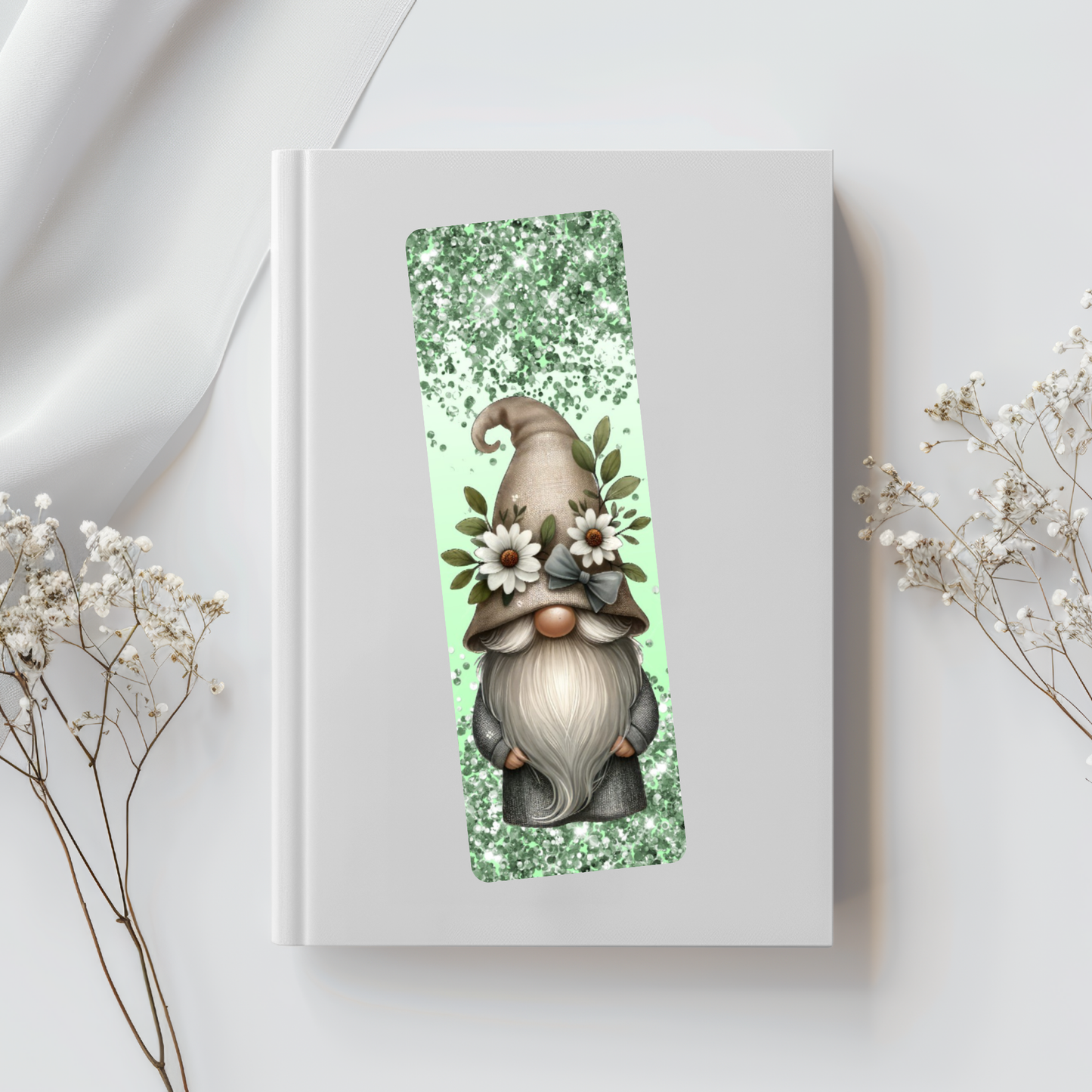 Green Glitter Gnome & Daisies Bookmark