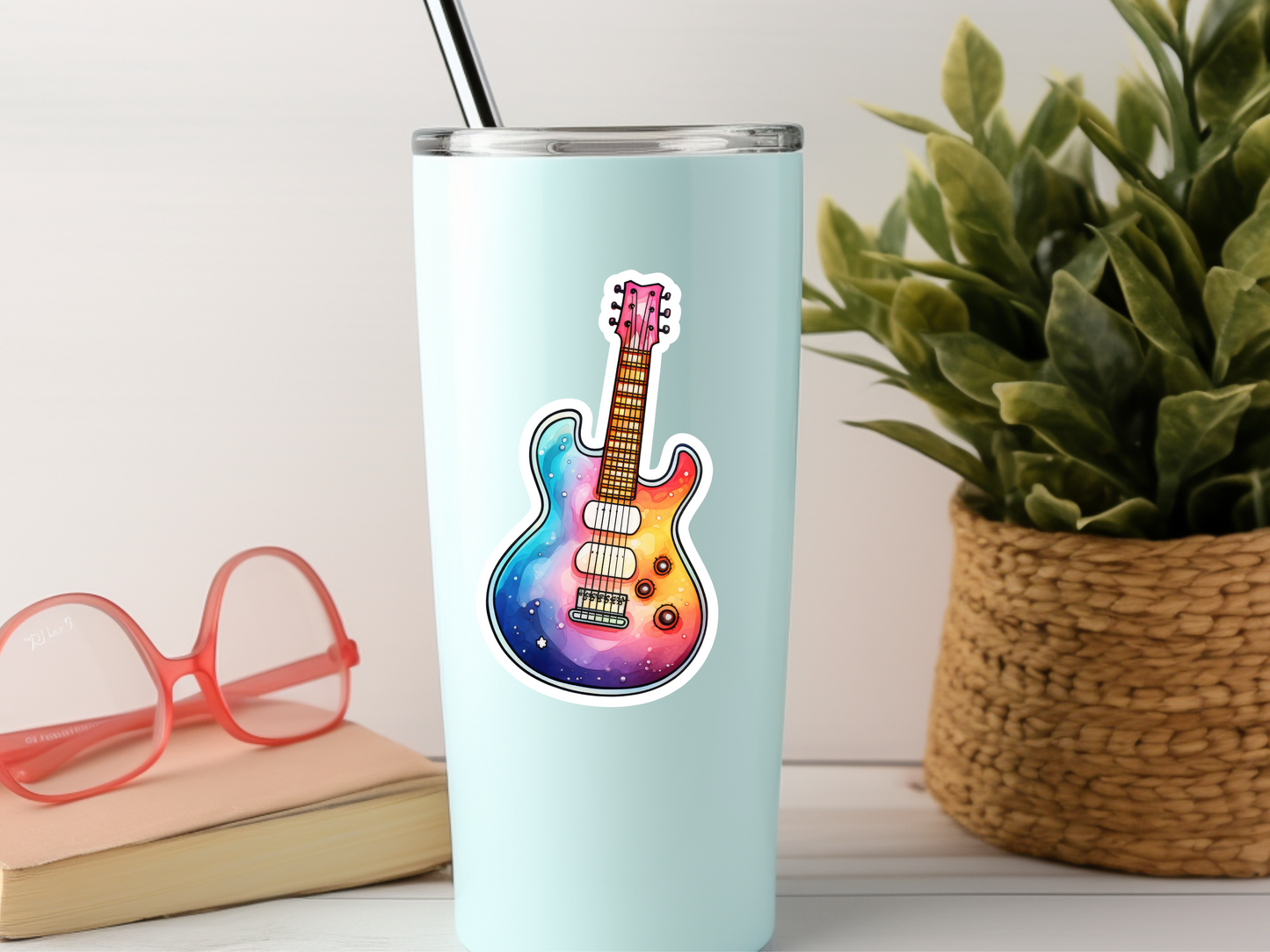 Rainbow Watercolor Guitar Sticker