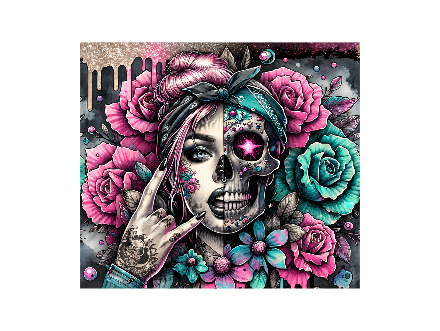 Half Girl Half Skeleton Face With Roses 20oz Tumbler