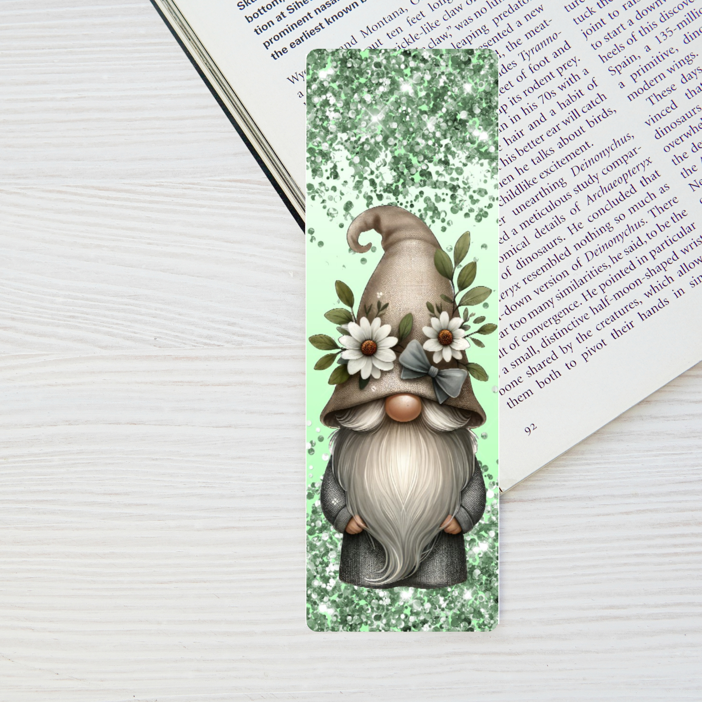 Green Glitter Gnome & Daisies Bookmark