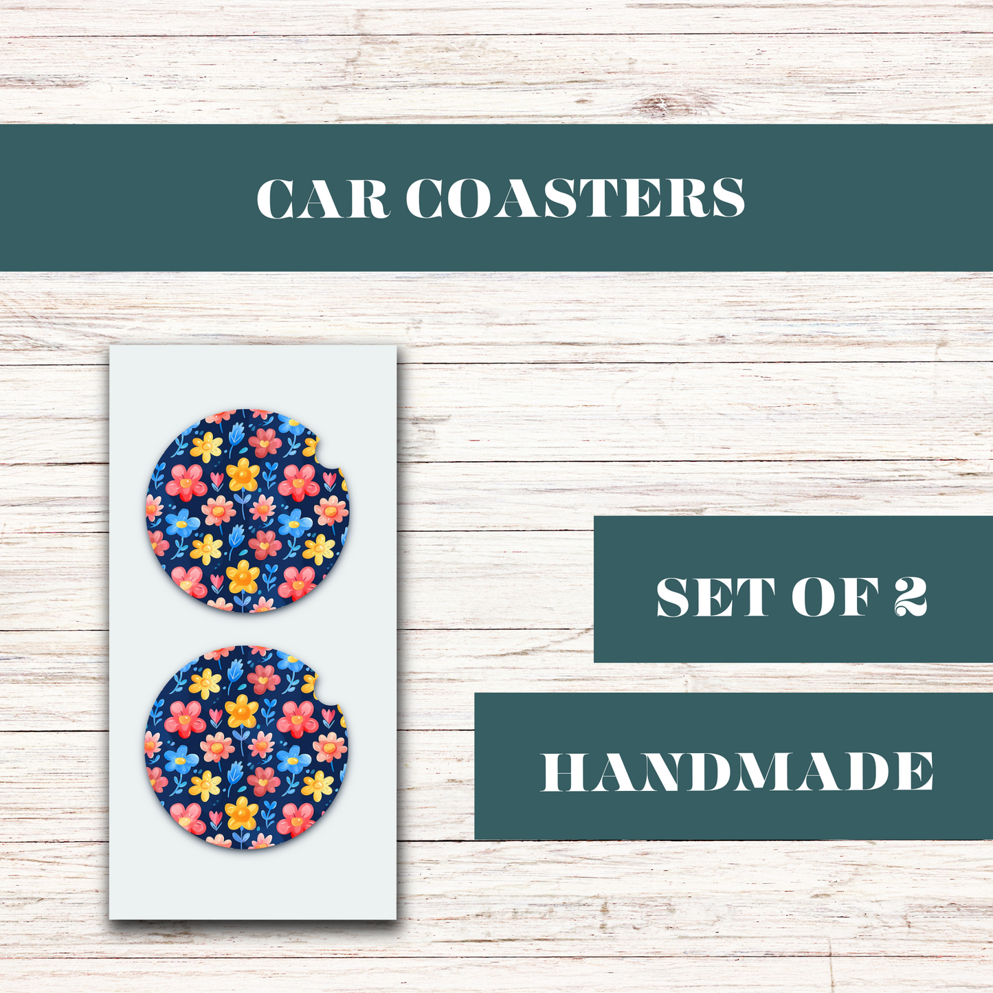 Red/Blue/Yellow Flowers with Navy Background Car Coaster