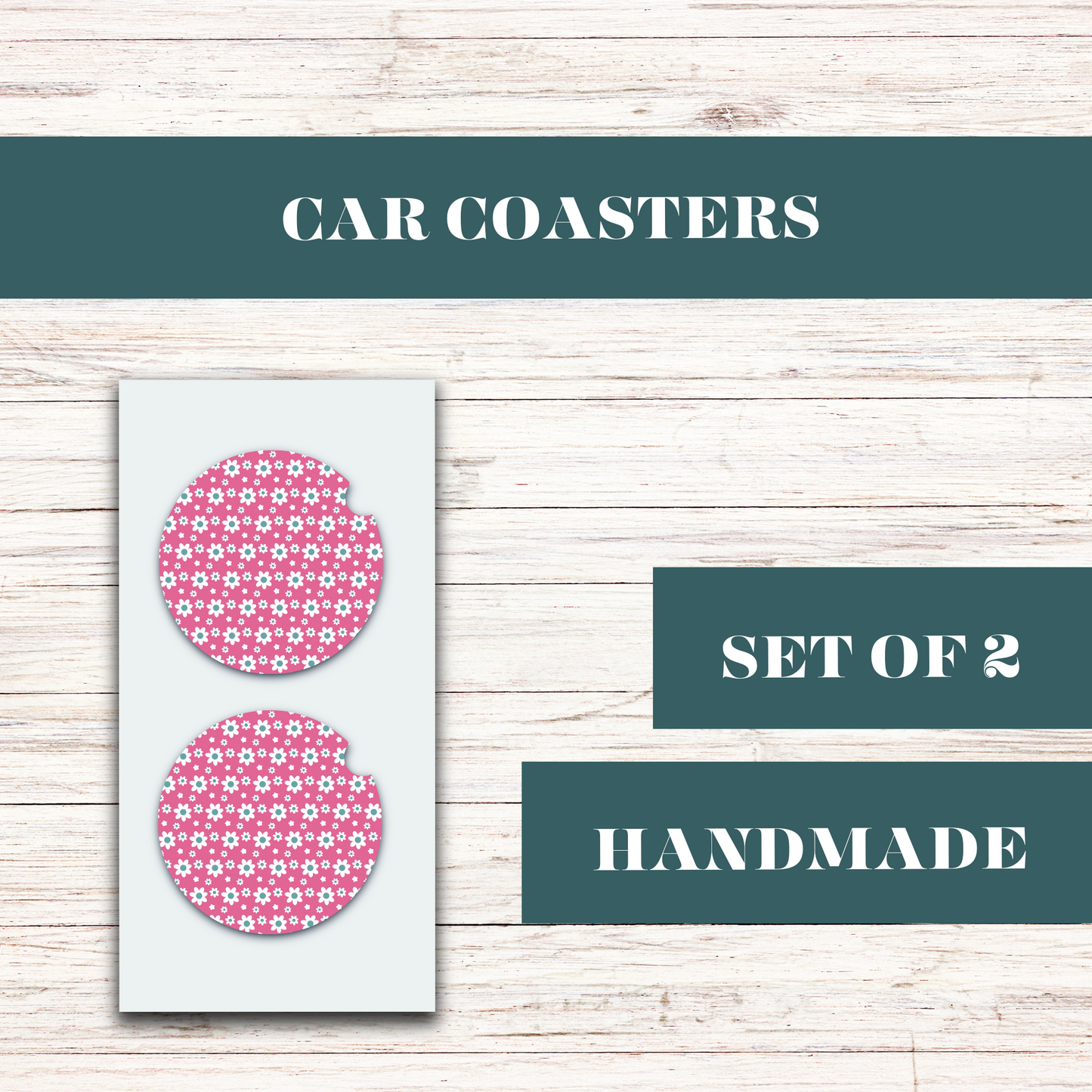 Pink & White Flowers W/Blue Centers Car Coaster